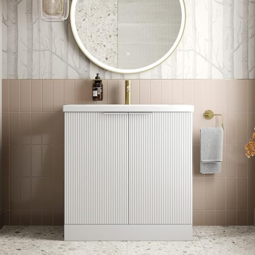 BAYSTONE® Fluted 800mm Bathroom Vanity Unit Ceramic Wash Sink, Cloakroom Storage Furniture Under Basin Cabinet Floorstanding Cupboard, Matt White