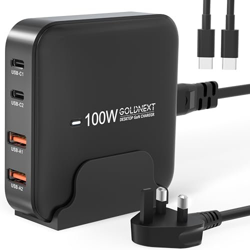 100W USB C Charger GOLDNEXT 4-Port Macbook Pro Charger Plug Desktop Multi Charging Station GaN Fast Laptop Charger for MacBook Pro, MacBook Air, Laptops, iPad Pro, iPhone 16/15 Pro/14, Galaxy S24/S23