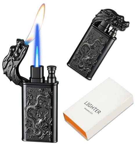Briquet Dragon à double flamme - Coupe-vent - Flamme douce - Reglable - Butane rechargeable pour bougie, barbecue, cuisine, camping (gaz non inclus) - Noir