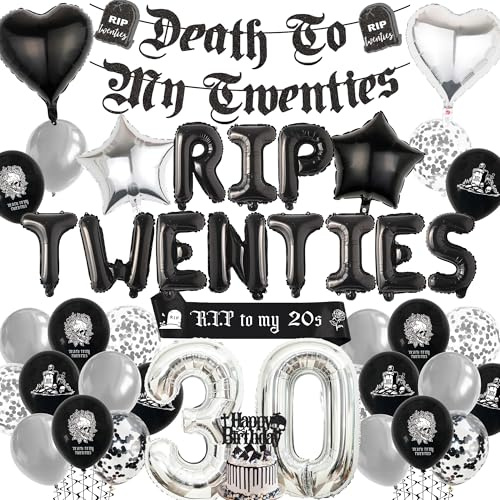 Rip 20er Jahre Geburtstag Dekorationen - Schwarz und Silber Death to My Twenties Banner Schärpe Kuchen Topper Buchstabe Herz Stern Zahl Ballons für Männer Frauen Halloween Gothic Thema 30. Geburtstag