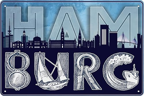 Deko Blechschild für Hamburg Fans, Liebhaber, Souvenir, Tourismus, Erinnerung, Sehenswürdigkeit, Geschenk Schild, 20 x 30 cm (Hamburg 3)