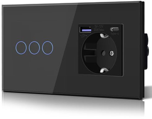 BSEED Enchufe Doble Pared con 20W USB y Tipo C,Enchufe USB C de Cristal,Carga Rápida,3 en 1,Fácil Instalación,3 Gang 1 Vía,157mm Negro