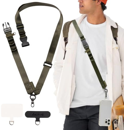 Golifyne 25mm Crossbody Handyband zum Umhängen | Handykette Breit für Sichere Halterung | Outdoor, Reise, Unterweg Umhängeband + 2 Stück Pad für alle Smartphone (ohne Hülle) - Armee Grün