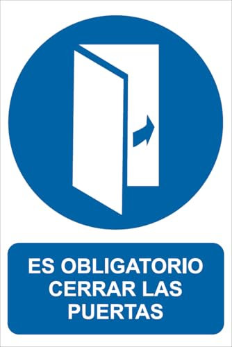 IberNorma MS134 - Señal Adhesiva de Es Obligatorio Cerrar las Puertas 15x20cm Pegatina de Obligación homologada Cartel ideal para informar en oficinas, zonas industriales y salas (15x20cm)