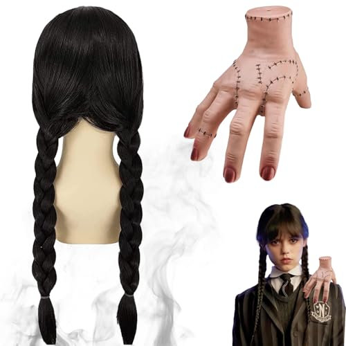 Wednesday Händchen, Wednesday Perücke, Eiskaltes Händchen, Schwarze Geflochtene Perücken, Wednesday Family Hand, Latex Händchen, Realistic Scarred Händchen, für Cosplay Party Fasching Karneval