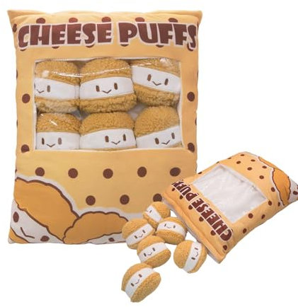 Mislaxy Snackbeutel Kissen mit 6 Cheese Puffs - Gefülltes Plüsch Snackkissen Abnehmbar Weiches Kuscheltier