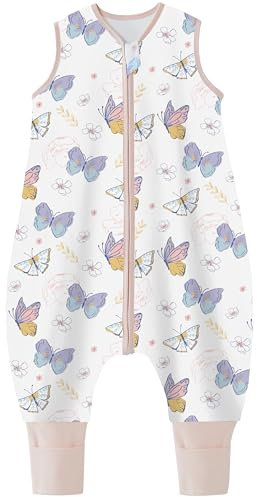 Teechodina Baby Schlafsack mit Füßen 100% reine Baumwolle 1.5 Tog Kinder Ganzjahres Schlafsack mit Beinen kleinkind Schlafanzug für Jungen und Mädchen, 1.5 Tog/Schmetterling, 90cm/Baby Höhe 100-110cm