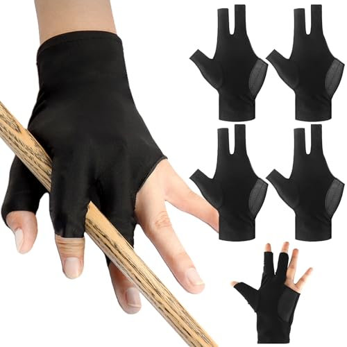 Foyods 4 Stück Billard Handschuh,3 Finger Billards Fäustling Links,Professionelle Snooker Handschuhe,Elastischer Billards-Zubehör,für Frauen Männer Billard-Sport-Zubehör(Schwarz)