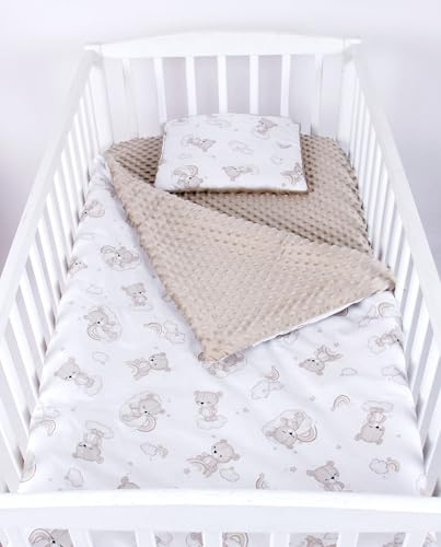 Babylux Babydecke 75x100 cm mit Kissen 30x35 cm – Kuscheldecke aus Minky & Baumwolle – Krabbeldecke für Kinderwagen, Babybett & Spielgruppe (K138 - Bären)