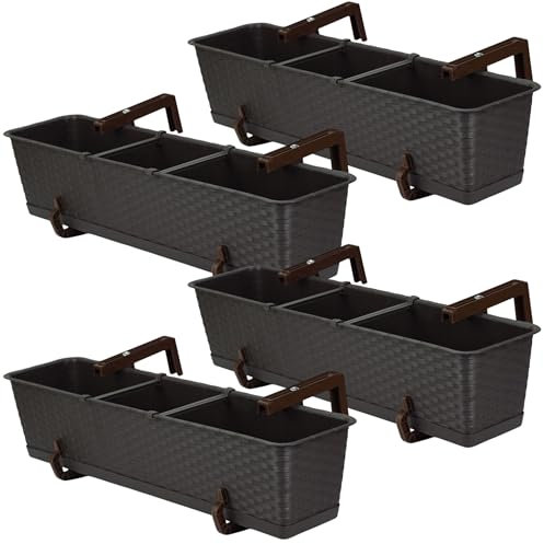 Blumenkasten Balkon Set 4 X 69 cm x 17 cm | Pflanzkasten wetterfest mit Untersetzer und Halterung | Balkonkasten in Rattanoptik für die stilvolle Bepflanzung von Terrasse und Balkon | Umbra
