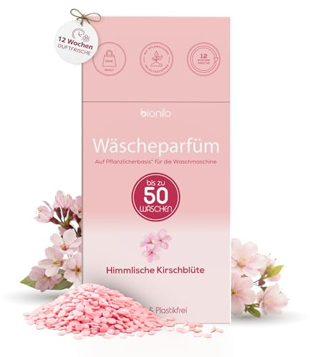 Bionilo Wäscheparfüm Perlen Nachhaltig Vegan Plastikfrei 250g für 50 Waschgänge – Wäscheduft Waschmaschine Zero Waste – alle Textilien – empfindliche Haut – Wäscheperlen (Himmlische Krischblüte)