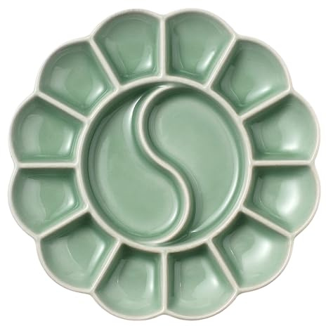 BENECREAT Palette D'Aquarelle en Porcelaine de 16.3cm Palette de Peinture en Céramique à 14 puits Plateau de Mélange Aigue Marine Moyen pour Aquarelle Gouache Acrylique Peinture à l'huile