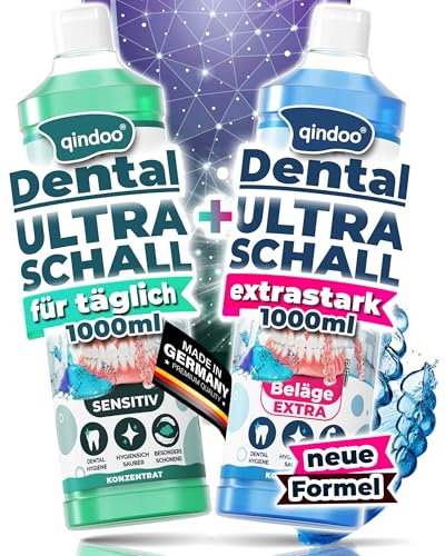 Qindoo Dental Set 1x Beläge EXTRA 1x Sensitiv - Ultraschallreiniger Konzentrat – Für Zahnprothesen, Schienen, Spangen, Zahnersatz – Hochkonzentriert, 2x 1 Liter