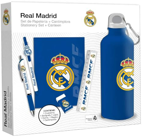 Kids Licensing - Set de Papelería con Botella 650 ml del Real Madrid, Kit Escolar con Accesorios y Cantimplora para Niños