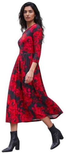 Roman Originals Maxi Dress with Pockets for Women UK Ladies Stretchy Jersey Midi Elasticated Gathered High Waist Skater Swing Fit Flare Office Work Smart Casual Boho - Red Noir - Size 12