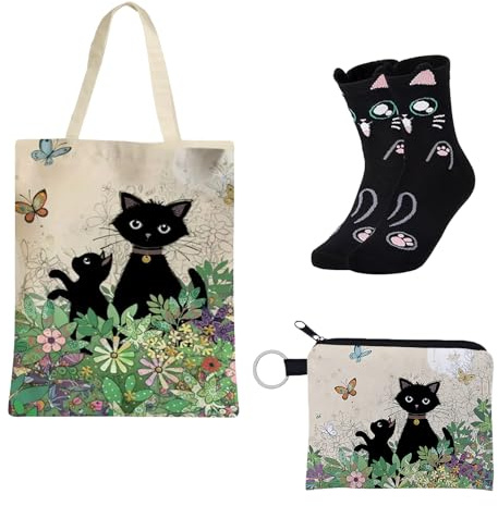 MUNSKT Canvas Tasche mit Katzenmotiv, Kosmetiktasche und Socken für Mädchen, Damen, Wiederverwendbare Einkaufstasche für Mama, Tante, Frau, Schwestern, Freundinnen, Lehrer