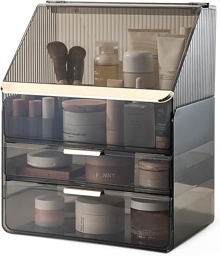 Kousee Makeup Organizer Countertop with Lid, Skincare Organizers for Vanity, 3 Tiers Clear Makeup Storage Cosmetic Display Cases Holder for Bedroom Bathroom Dresser Desk Countertop -Black