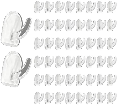 Small Sticky Hooks for Hanging, Clear Adhesive Wall Hooks Heavy Duty, 50Pcs | Clear Plastic Hooks Blend Discreetly, Strong Adhesive Holds Lightweight Items, Suitable for Kitchens and Bathrooms