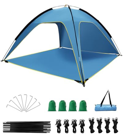 MYMULIKE Tente de plage UV50+ protection solaire, 210 x 210 x 130 cm, pour 4 à 6 personnes, polyester 190T avec barres en fibre de verre de 8 mm, portable, avec sacs de sable/piquets pour plage