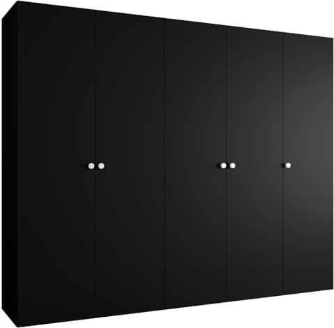 MEBLE KRYSPOL - Kleiderschrank - Garderobenschrank - 250 cm x 202 x 52 cm - Schrank mit Kleiderstange, 5 Türen - für Schlafzimmer, Flur - Parma, Schwarz, Griff Silber