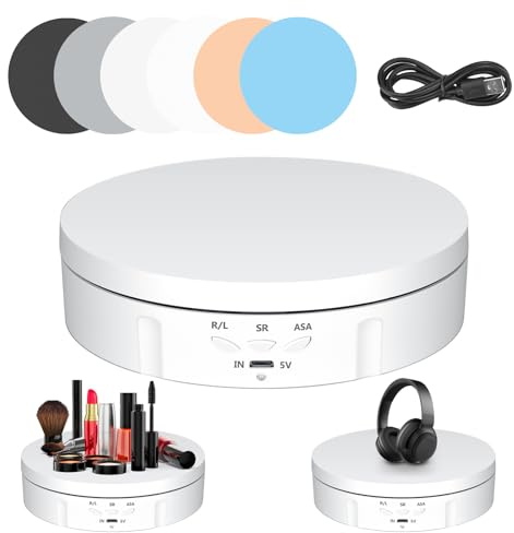 Elektrischer Drehteller, 360° Richtung & Geschwindigkeit Einstellbar Mini Drehbarer Drehteller, 10KG Automatisch Drehteller Fotografie mit 5 Hintergrundtafeln zur Präsentation von Schmuck(Weiß)