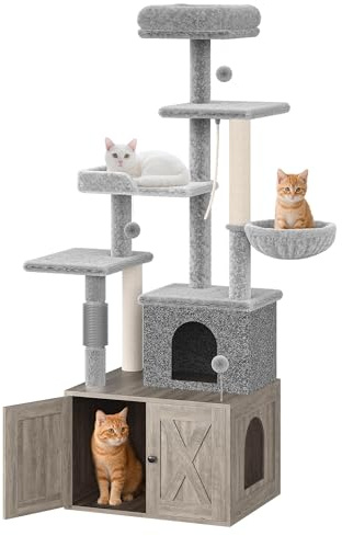 Cat Tree with Litter Box Enclosure Large, Multilevel Cat Play House with Large Condo, Spacious Hammock, Cozy Top Perch,Scratching Post and Dangling Balls, Wood Cat Furniture for Indoor Cats, Grey