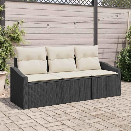 HGFDCBK Garten-Sofa-Set mit Kissen 3-teilig, Poly-Rattan Sitzgruppe in Schwarz und Weiß, inklusive zentraler Sitzfläche und Zwei Armsofas, pulverbeschichteter Stahlrahmen, wasserfeste