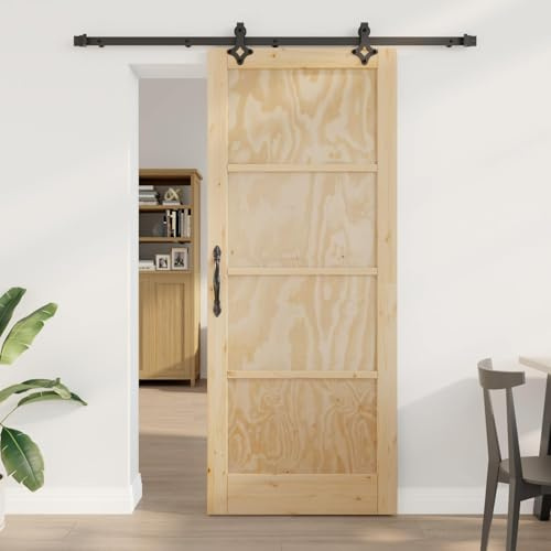 Porta scorrevole in pino massiccio naturale e nero, 86 x 211 cm, asta in acciaio verniciato a polvere, design moderno per ottimizzare lo spazio, meccanismo fluido, ideale per piccoli