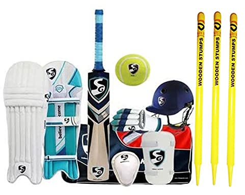 SG Premium Cricket-Set mit englischem Weidenfledermaus in Seniorengröße (Helm + Fledermaus + Handschuhe + Leggurad + Bauchpolster + Kitbag)
