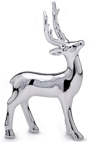Große stehende Porzellan Deko Rentier Figur - silbern glänzende Hirsch Geweih Weihnachts-Deko zum Hinstellen Höhe 19 cm