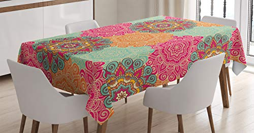ABAKUHAUS Jahrgang Tischdecke, Antike Stammes- Mandala, Wasserfest Waschbar mit Klar Sichtbaren Farben kein Verblassen Personalisiert, 140 x 200 cm, Fuchsienfarben Orange