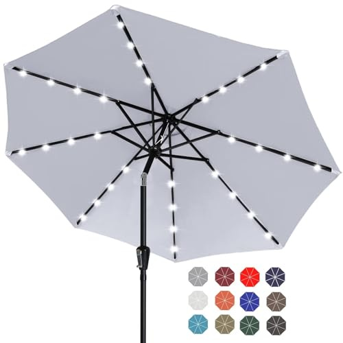 ABCCANOPY 2.7m Patio Umbrella Ourdoor Solar Umbrella LED Umbrellas with 32LED Lights, Tilt and Crank Table Umbrellas for Garden, Deck, Backyard and Pool (Grey)