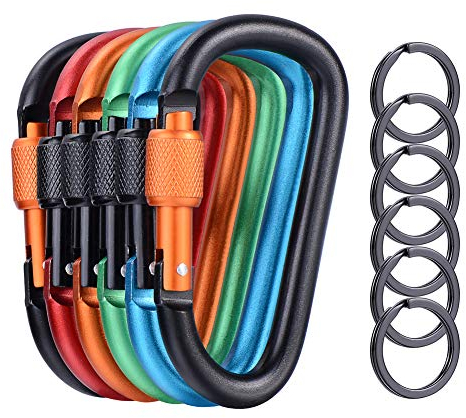 6 Pieces Upgraded Locking Carabiners, 3.1 D Shaped Karabiner Clips for Outdoor, Camping, Hiking, Fishing, Travel, 6 Carabiner Clips with 6 Key Rings