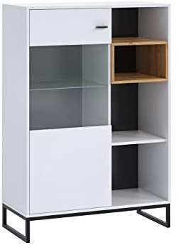 Mirjan24 Vitrine Olier WIT90, Standvitrine, Vitrinenschrank, Stauraumvitrine, Hochschrank, Highboard, Wohnzimmer, Wohnzimmer Schrank (Weiß/Weiß + Eiche Artisan, ohne Beleuchtung)