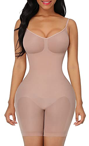 FeelinGirl Shapewear Damen Body Shaper Bauchweg Sculpting Nahtloser Atmungsaktiver Bodysuit mit Verstellbarem Schultergurt Überbrust V-Ausschnitt Beige XS/S