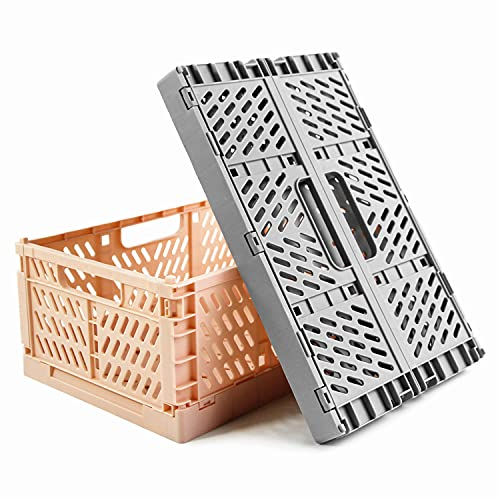Spesh Lot de 2 Caisses Rangement Pliable Cagettes Plastique Empilable Caisse Pliante avec Poignée pour Cuisine, Chambre à Coucher, Bureau(Rose+Gris, 30 x 20 x 12 cm)