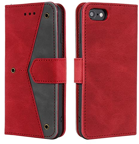 nancencen Handyhülle Kompatibel mit iPhone 7 / iPhone 8 / SE 2020 Hülle, Klappbar Extra Dünne Lederhülle, Kratzfest (rutschfest) mit Kartenfach Ständer Wallet Case Spleißen Schutzhülle,Rot
