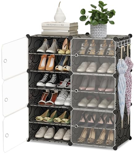 HOMCENT Schuhregal mit Türen, Erweiterbarer Stand Schuhschrank für Schuhe, Hausschuhe, Kunststoff Schuhregale für Flur Schlafzimmer Eingang, 2x6 Etagen, Schwarz