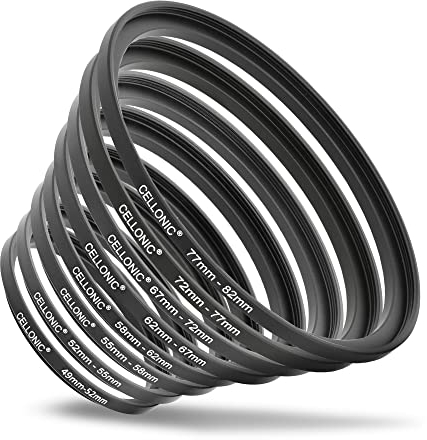 CELLONIC Step Up Ring Filteradapter Set: Objektiv Filtergewinde Adapter 49 mm auf 52mm 55mm 58mm 62mm 67mm 72mm 77mm 82mm, Metall Gegenlichtblende, Filterring Kit Filter Gewinde Konverter Adapterring