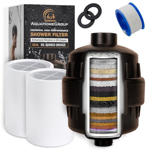 AquaHomeGroup Filtro doccia a 20 stadi con vitamina C E per acqua dura, filtro dell'acqua ad alto rendimento per rimuovere cloro e fluoro, 2 cartucce incluse, filtro per soffione doccia a flusso