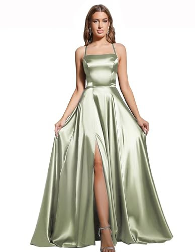 Babyonline D.R.E.S.S. Robe de Bal Longue avec Bretelles Robe de Soirée Chic pour Mariage Dos Nu Fendue en Satin Vert 34