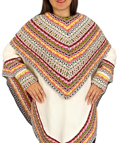DILUKA Alpaka Wolle Damen Poncho Inka mit bunten Kragen und Ärmel, Peruanischer Wollponcho Anden