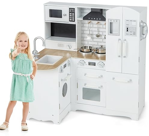Maxmass Kids Corner Kitchen Playset, Wooden Play Kitchen with Microwave, Oven, Sink, Stove, Refrigerator, Water Dispenser and Utensils, Role-Play Toy Kitchen Cooking Set for 3+ Year Old (11-in-1)
