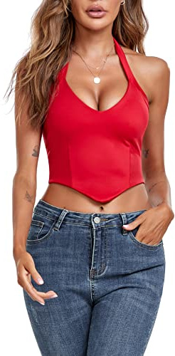 EVELIFE Womens Crop Tops Sexy Deep V Halter Neck Vest Sleeveless Corset Tops Ladies Bustier Cami Tops Summer Camisole