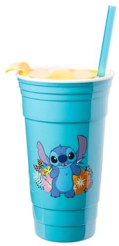 Silver Buffalo Lilo and Stitch - Vaso de plástico con tapa y popote, 32 onzas