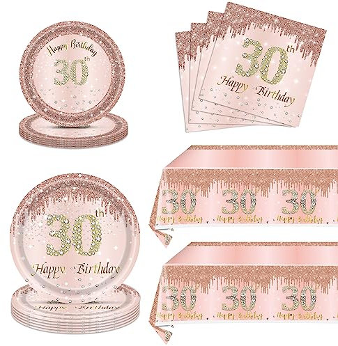 62Pcs 30th Birthday Decorations for Women, Rose Gold Birthday Party Supplies Include 40Pcs Plates 20Pcs Napkins and 2Piece Tablecloth, Pink 1993 Aged Birthday Party Tableware for 20 Guests