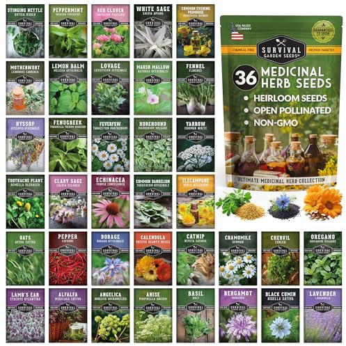 SURVIVAL GARDEN SEEDS Ultimate Medicinal Herbs 36 Variety Pack - 28,000+ Herb Seeds for Planting Essential Healing Plants - Mixed Assortment with Culinary, Medicinal, Tea Herbs - Non-GMO Heirloom -