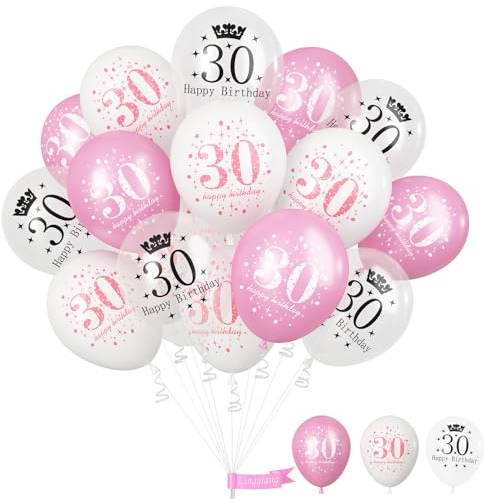 Pink 30th Birthday Decorations for Women, Pack of 15 Happy 30th Birthday Balloons Pink White Transparent Latex Balloons Decor for Age 30 Year Old Lady Birthday Celebration Party Decorations Supplies
