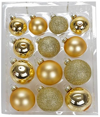Christbaumkugeln Set, 26 Echt-Glas Weihnachtskugeln in 3 Dekors, Hochglanz, Matt und Glitzer, je in 3 Größen (Gold)