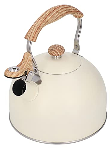 Bouilloire Sifflante Inox, Bouilloire à thé 2,5L pour Marmite à Gaz Poignée Ergonomique Théière Plaque de Cuisson Beige Poignées en Bois Acier